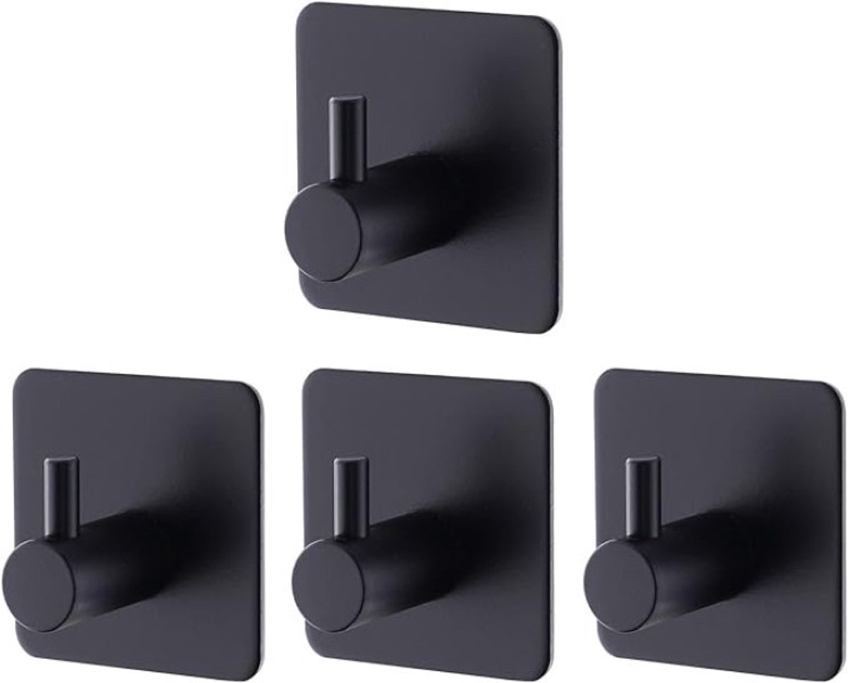 PolkaHome Zelfklevende handdoekhouder set van 4 - mat zwart - roestvrij staal 304 - zonder boren - voor badkamer en keuken