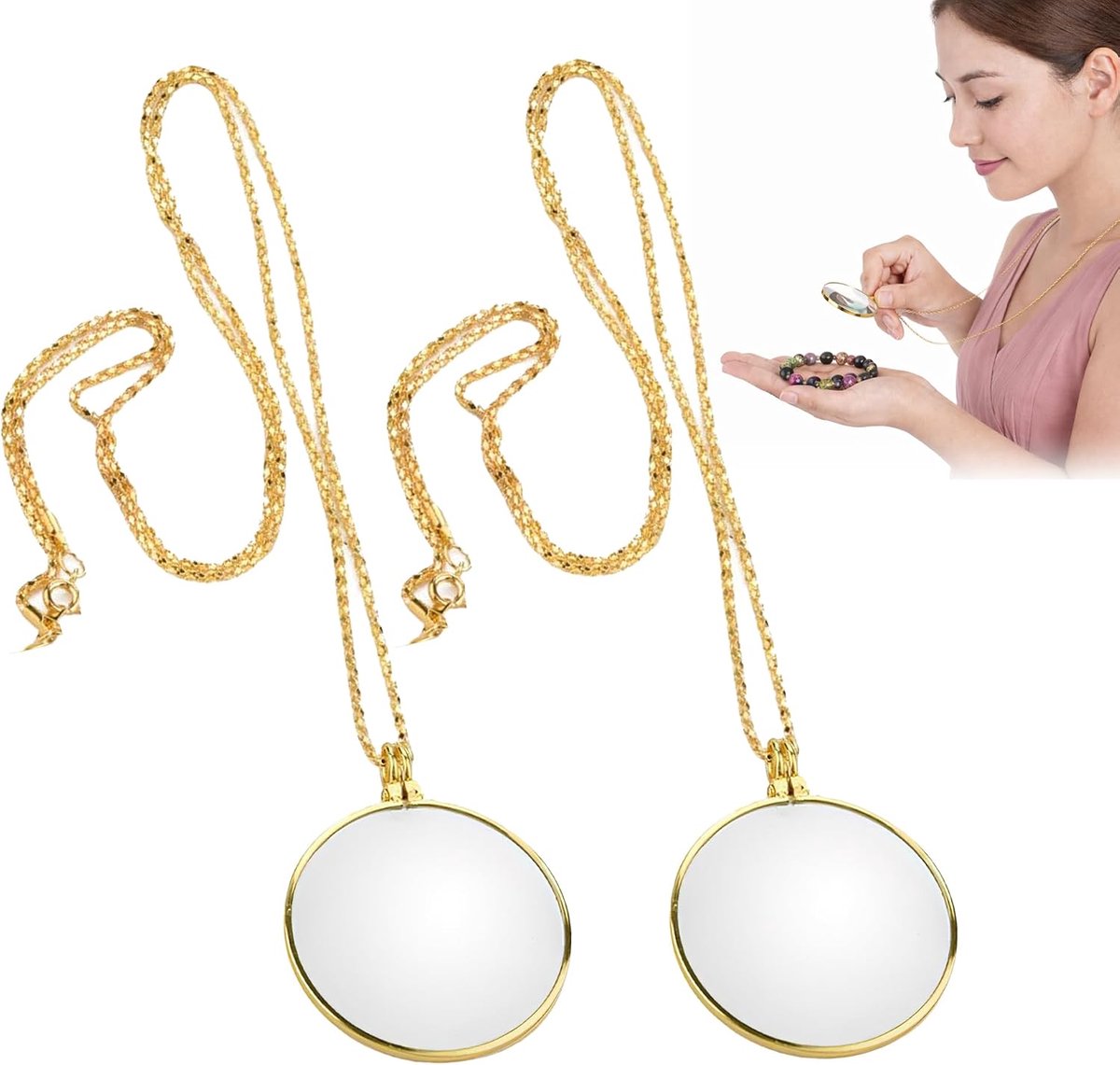 Monocle Vergrootglas 5x - 2 Stuks - Goud - Zinklegering en Glas - met Ketting