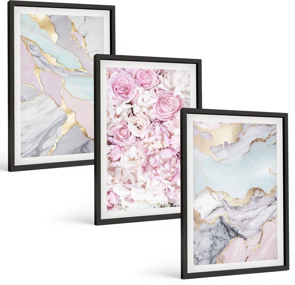 Coloray 3-Delige Schilderij Set - Roze Bloemen Met Marmer- En Pastelpatronen - 40 x 60 cm - Moderne Wanddecoratie - Slaapkamer