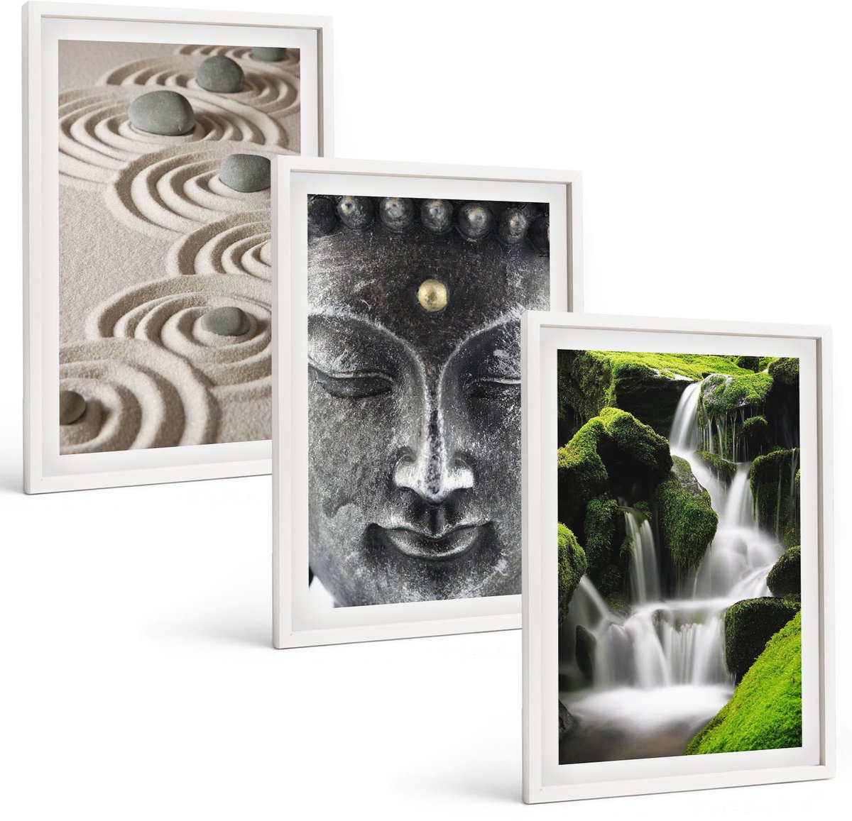 Coloray 3-Delige Schilderij Set - Rust Van De Natuur Met Stenen, Een Waterval En Een Boeddha. - 40 x 60 - Muurdecoratie - Decoratieve Schilderijen - Wohnzimmer