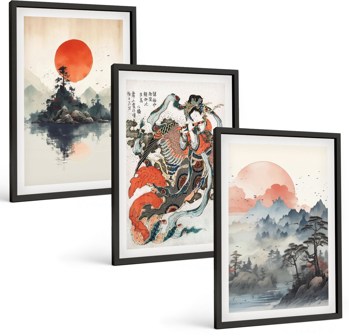 Coloray 3-Delige Schilderij Set - Aziatische Schilderijen: Landschappen En Portretten In De Japandi-Stijl. - 40 x 60 cm - Wanddecoratie - Schilderijen Set - Kantoor - Muurdecoratie