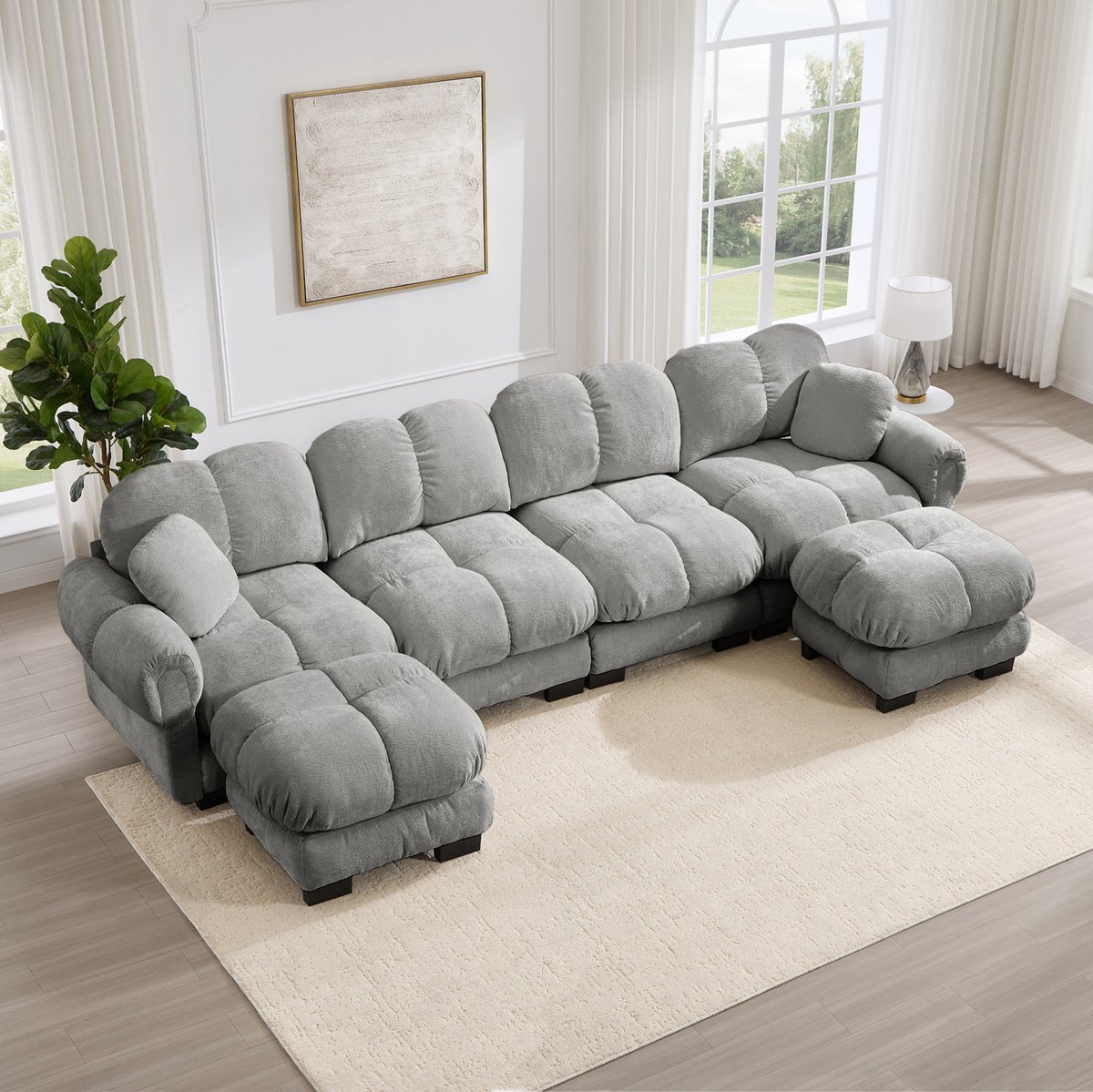 REDOM - U-bank - Modulaire opbouw met 2 verplaatsbare ottomanen - Gewatteerde zitkussens - Chenille - Woonkamer - Lichtgrijs - 330 x 149 x 90 cm