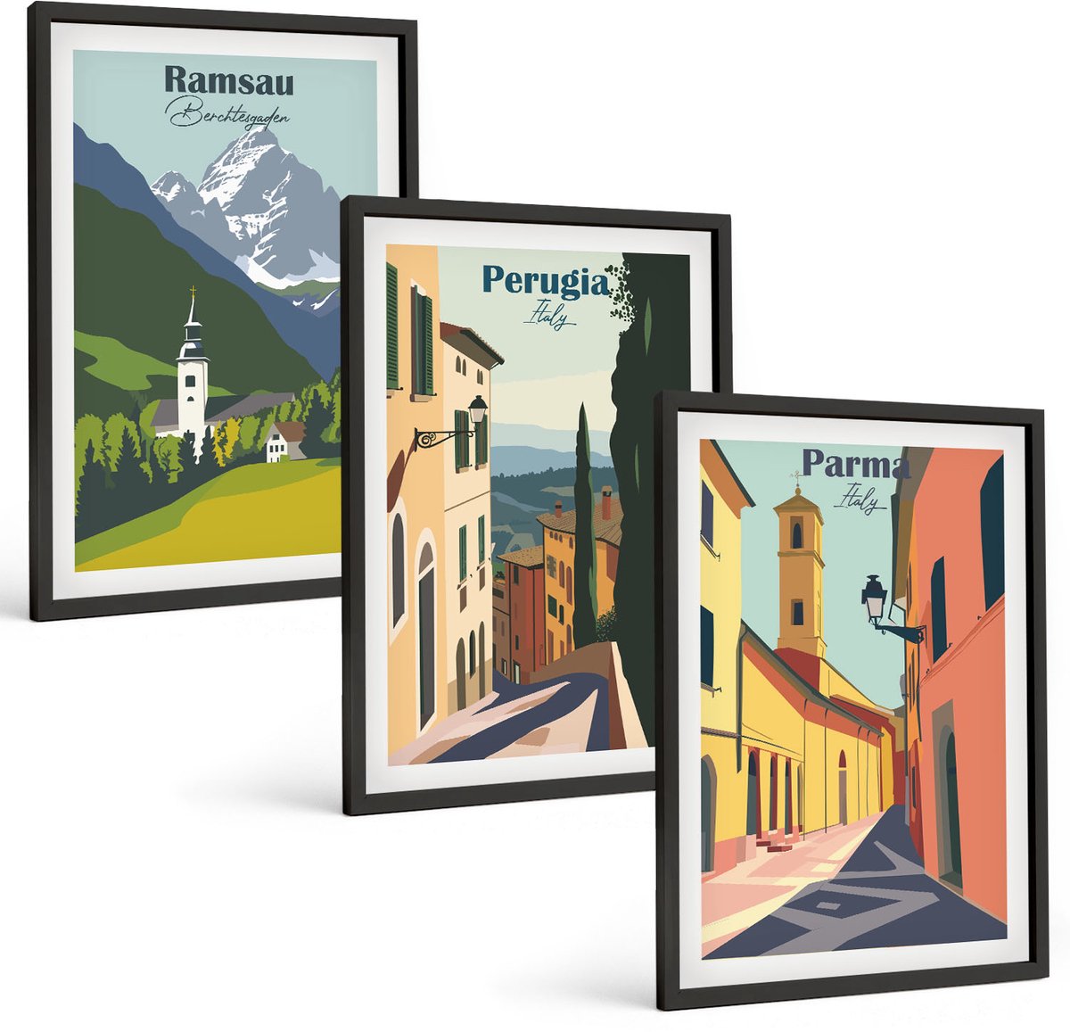 Coloray 3-Delige Schilderij Set - Berglandschappen En Straten Van Italiaanse Steden - 40 x 60 cm - Decoratieve Schilderijen - Woonkamer - Interieur - Wanddecoratie