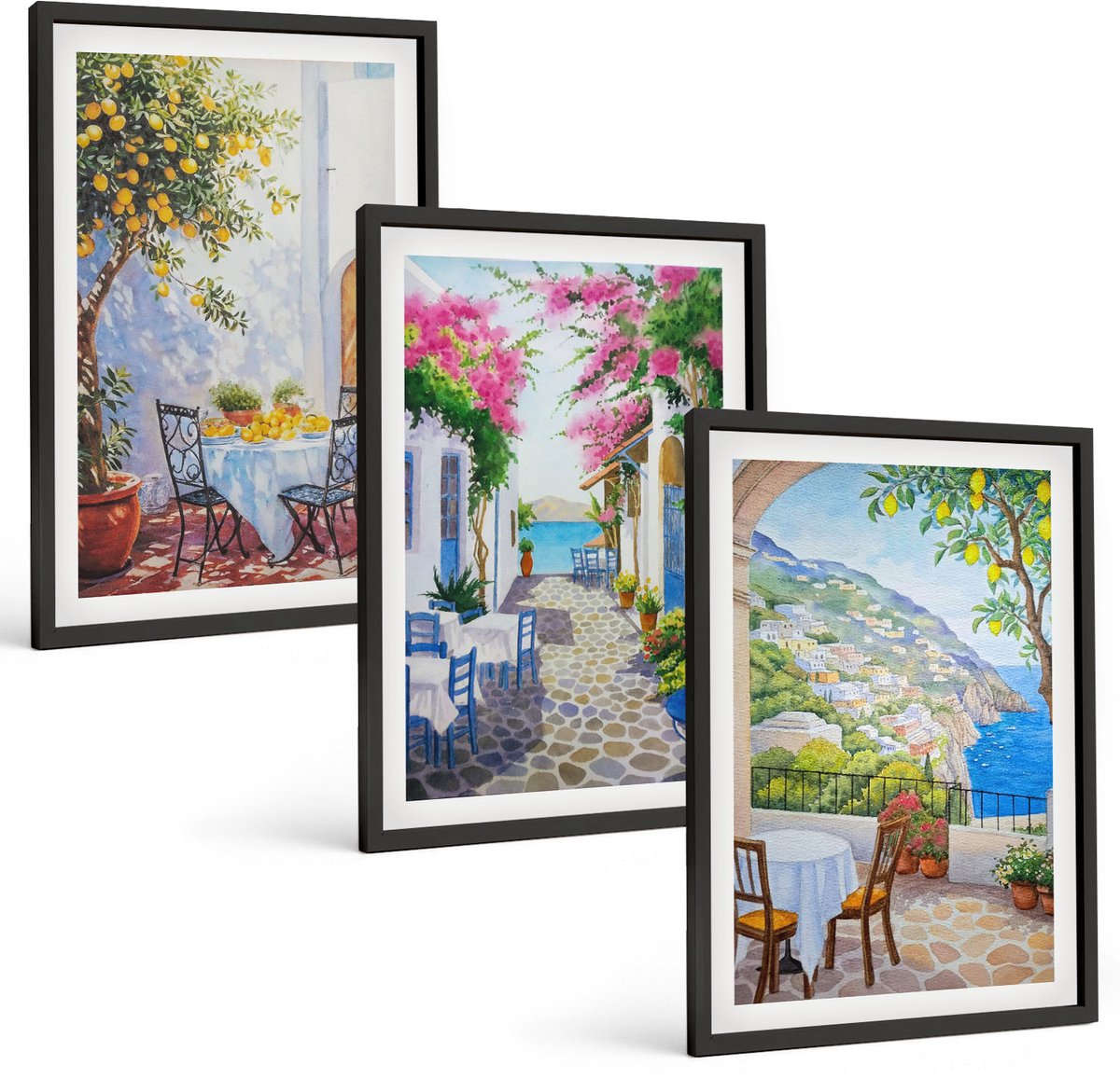 Coloray 3-Delige Schilderij Set - Sfeervolle Straatjes Met Bloeiende Planten En Uitzicht Op Zee. - 40 x 60 cm - Moderne Wanddecoratie - Slaapkamer - Decoratieve Schilderijen