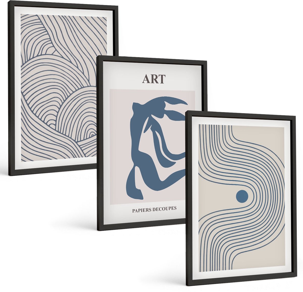 Coloray 3-Delige Schilderij Set - Abstracte Patronen Van Lijnen En Vormen In Blauwe Tinten - 40 x 60 cm - Wanddecoratie - Muurdecoratie - Moderne Interieurdecoratie Zwarte lijst
