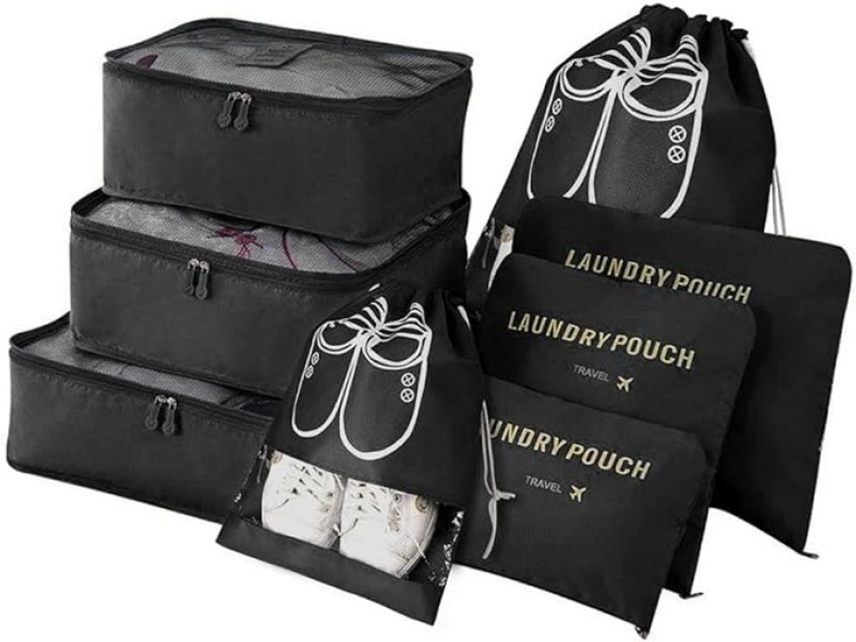 PolkaHome Packing Cubes 8-delig – Reisorganizers met Schoenentas en Waszakken, Zwart