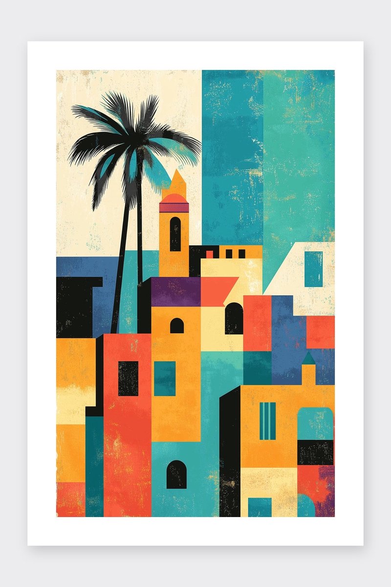 Casablanca Poster - Abstract - Morocco - Kunst - Kleurrijk - Geometrisch - Expressief - posters - formaat 30x40cm - Wanddecoratie - BXS5472WV - Met kader - passe-partouts stijl