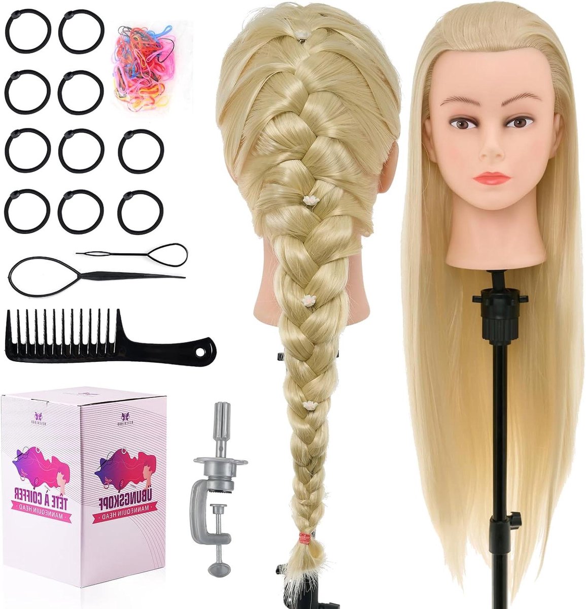 Kappershoofd Oefenhoofd - Poppenhoofd Styling - Haar Stylen Leren - 100% Synthetisch Haar - 76 cm - Beige