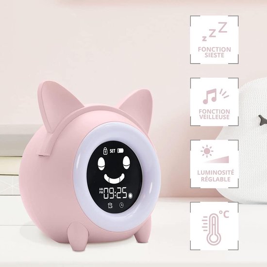 Kinderwekker - Nachtlamp Klok - Kind Leren Slapen - Licht en Geluid - 12.5 cm Hoog - Roze — afbeelding 3