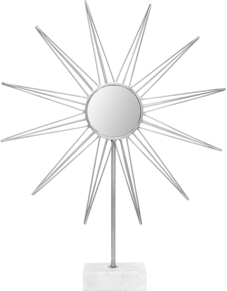 Padiro decoratief spiegelobject 64 x 12 x 75 cm - zilverkleurig en wit - metaal, spiegelglas en marmer - zonmotief met spiegel