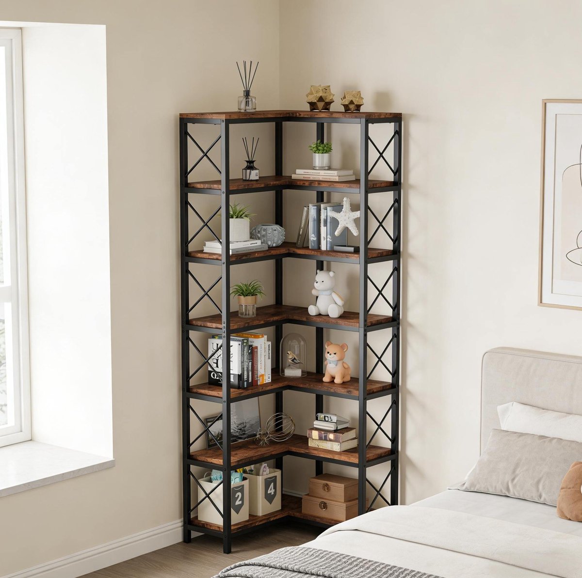 MODFU - Boekenkast - Industrieel - Hoekmodel - Metaal Hout - Zwart Bruin - 200 Cm