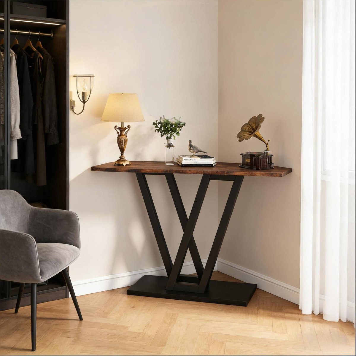MODFU - Sidetable - Smal - V-poot - Rechthoek - Zwart - Rustic Brown