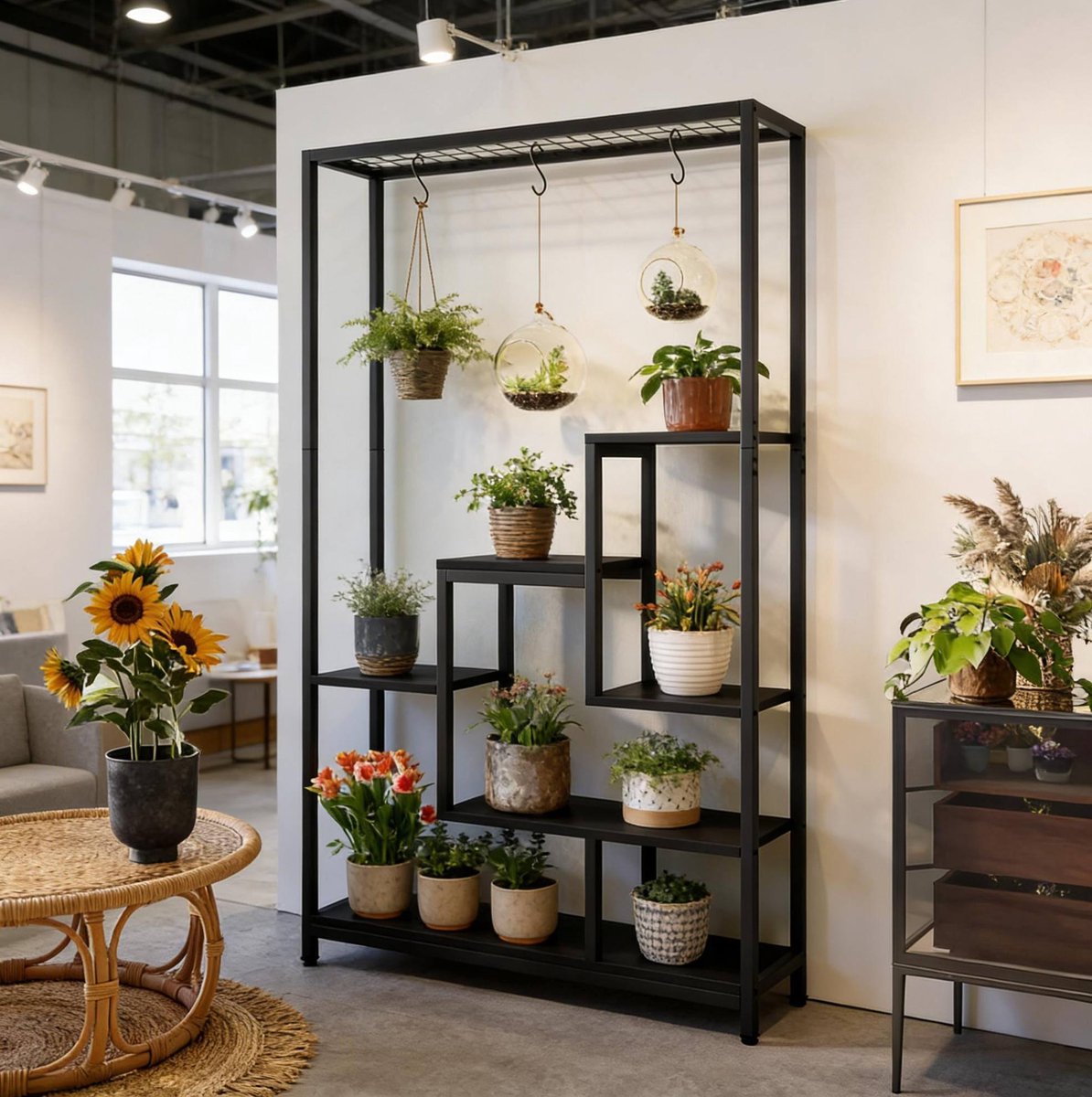 MODFU-Ladderkast-Plantenrek-Open Kast-Industrieel-Zwart-Metaal-Hout-100 Cm