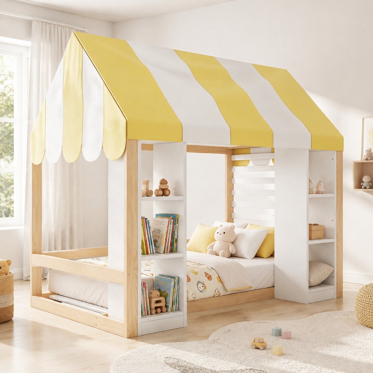 REDOM - Kinderbed - Hemelbed met open opbergruimte - Houten frame - Landhuisstijl - Kinderkamer - Hout - Wit en naturel - 90 x 200 cm