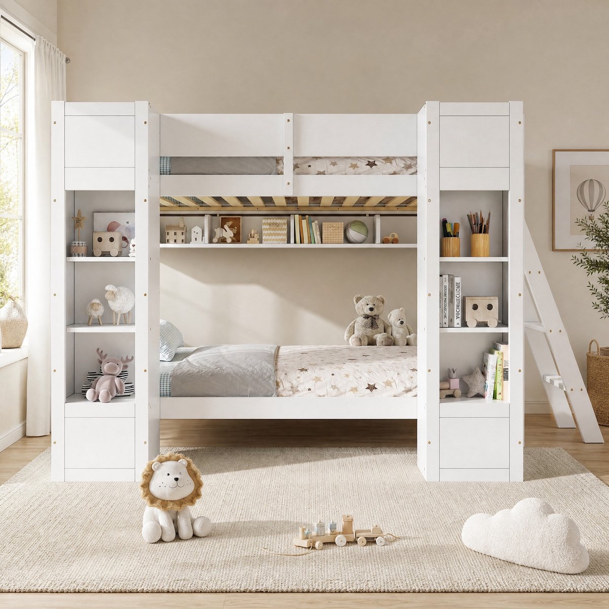 REDOM - Stapelbed - 2 slaapplaatsen - Ladder links of rechts monteerbaar - Opbergruimte met 2 frontkasten en hangrek - Kinderkamer - Hout, MDF, Spaanplaat - Wit - 252 x 116,5 x 150 cm