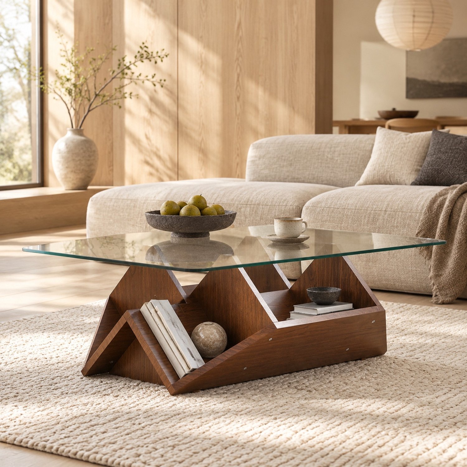 MEUNIQ salontafel 103 x 63 x 33,5 cm met gehard glazen tafelblad, open opbergvakken en MDF onderstel in walnootkleur voor de woonkamer