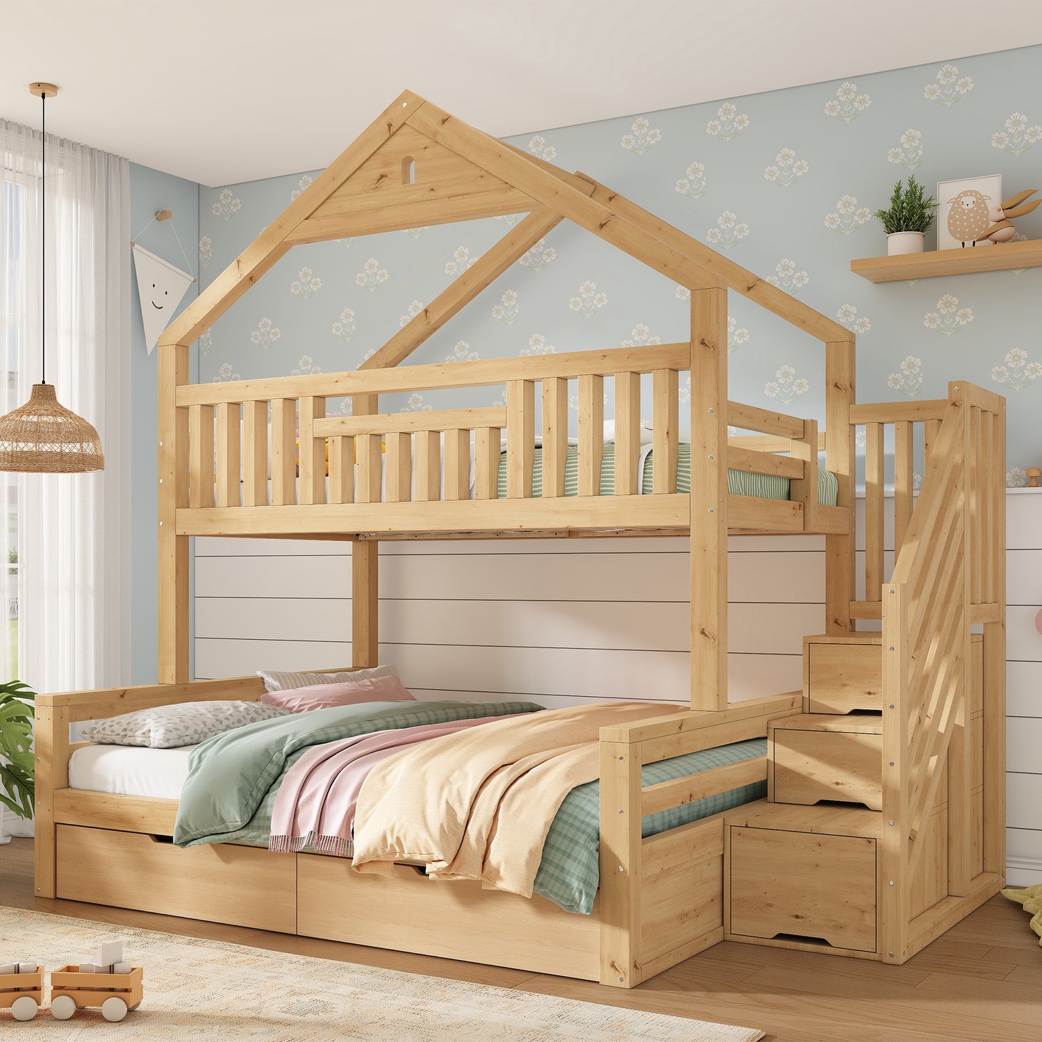 HAUSS SPOLE Stapelbed 90x200 cm en 140x200 cm - Kinderbed met Trap en Opberglades - Huisvorm voor Kinderkamer - Zonder Matras - Hout - Eikenkleur