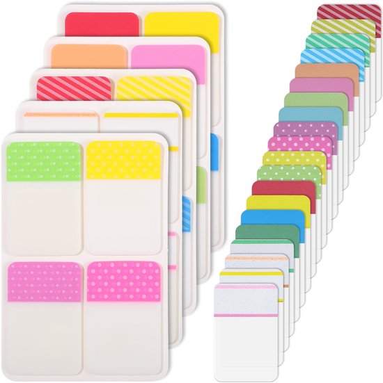 Verzameling zelfklevende index-tabs in verschillende kleuren en patronen, waaronder stippen, strepen en effen.
