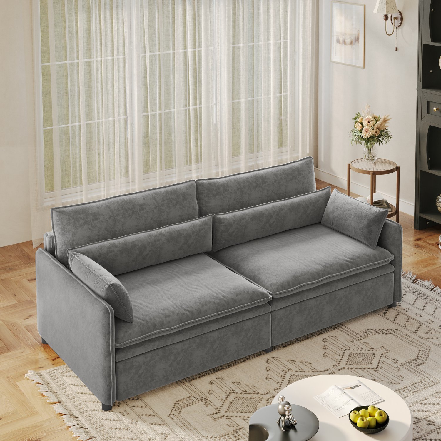 FloraGrace Slaapbank 206 cm - 3-zits met uitschuifbaar bed en opbergruimte - Voor woonkamer en logeerkamer - Chenille - Lichtgrijs
