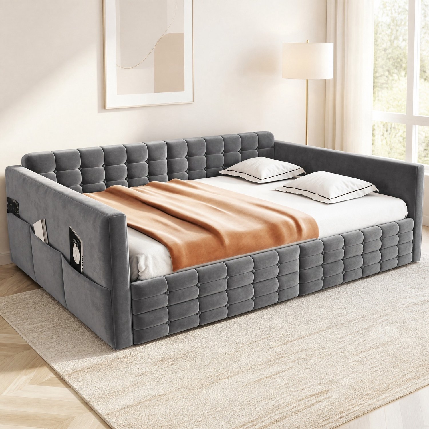 MEUNIQ Gestoffeerd bed en slaapbank 140 x 190 cm, grijs fluweel, geruit hoofdbord, zijvakken, 2 opberglades en lattenbodem voor slaapkamer of logeerkamer