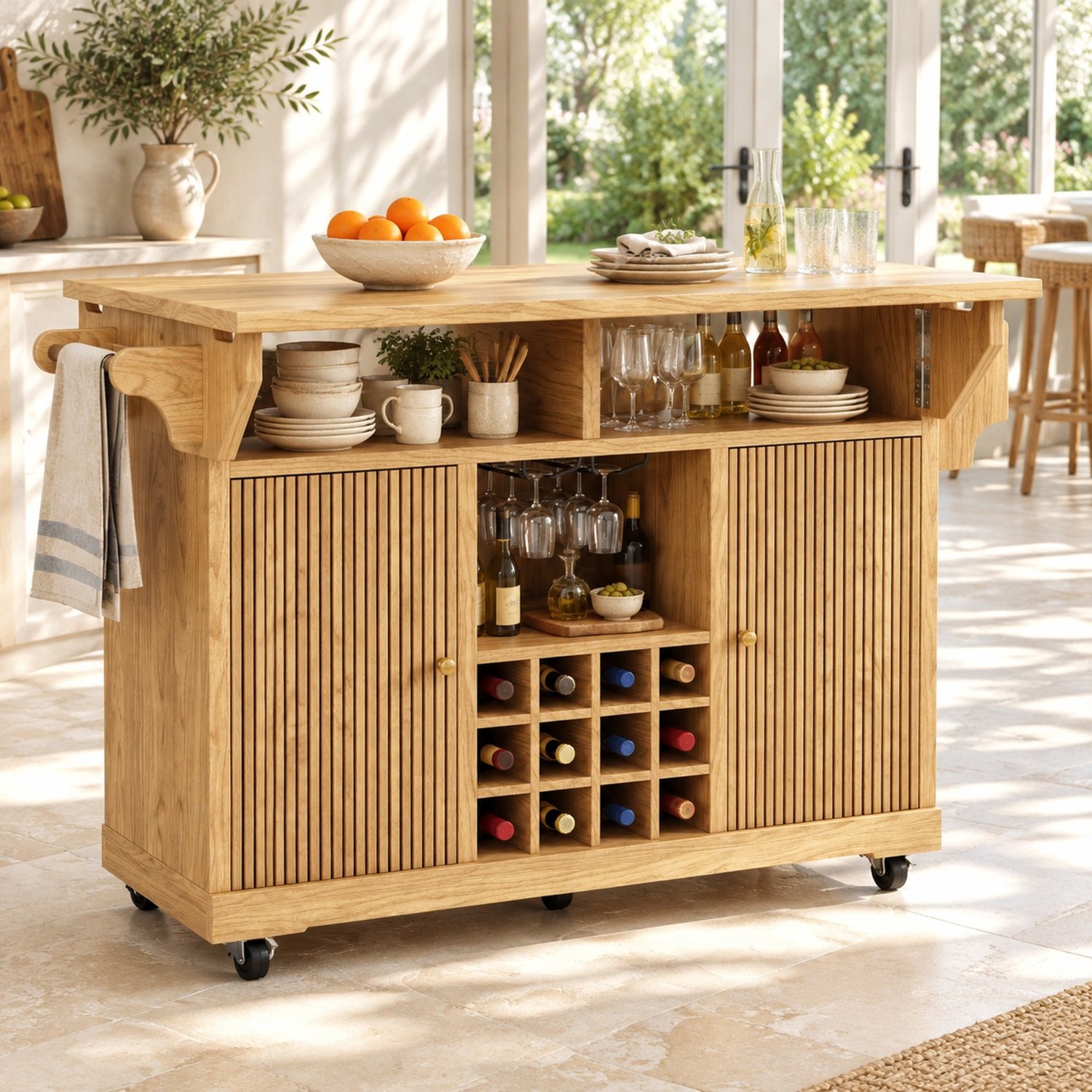 Wishdor Keukenwagen met opklapbaar werkblad - Keukeneiland op wielen met rem - Opbergruimte, verstelbare legplanken en uitneembare wijnflessenhouder - Keuken eetkamer balkon - MDF en metaal - Naturel houtkleur - 142,5 x 80 x 95 cm