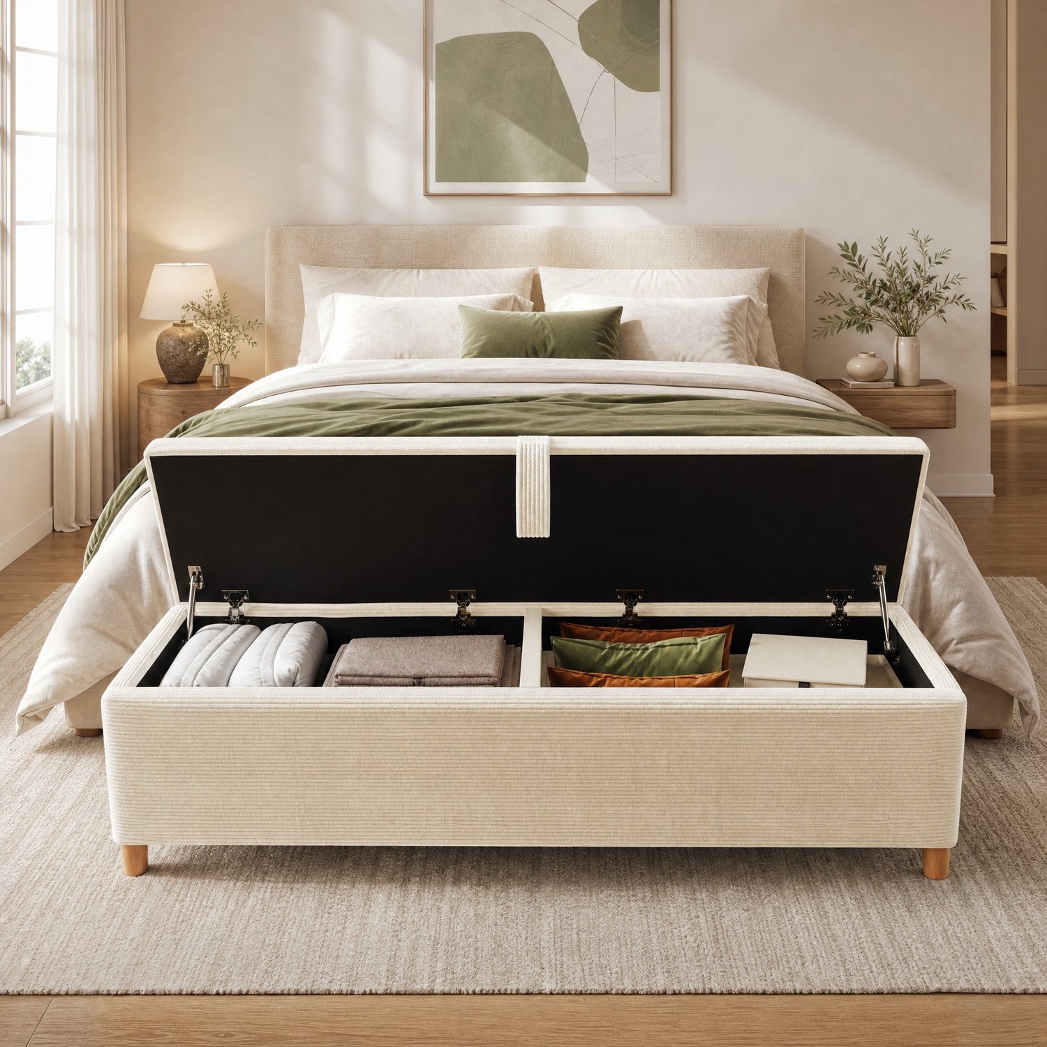 Wishdor Tweepersoonsbed 180x200 cm - Opberghoofdbord met LED-verlichting - Bedbank met opbergruimte en beige ribstof - Afstandsbediening - Lichte eikenkleur - Slaapkamer Eikenkleurig