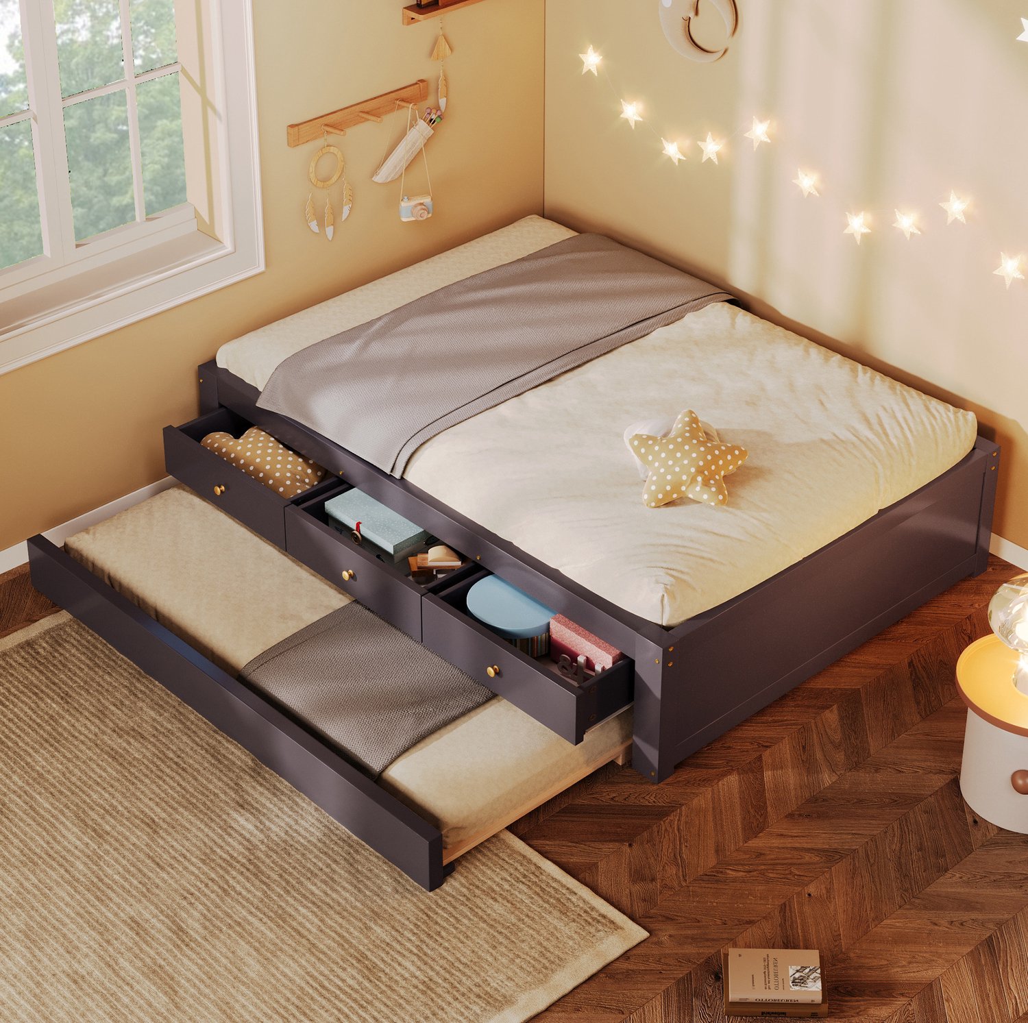 HAUSS SPOLE Houten Bed 90x200 cm - Eenpersoonsbed met 3 Lades en Uitschuifbaar Logeerbed - Zonder Matras - Hout en MDF - Koffiebruin