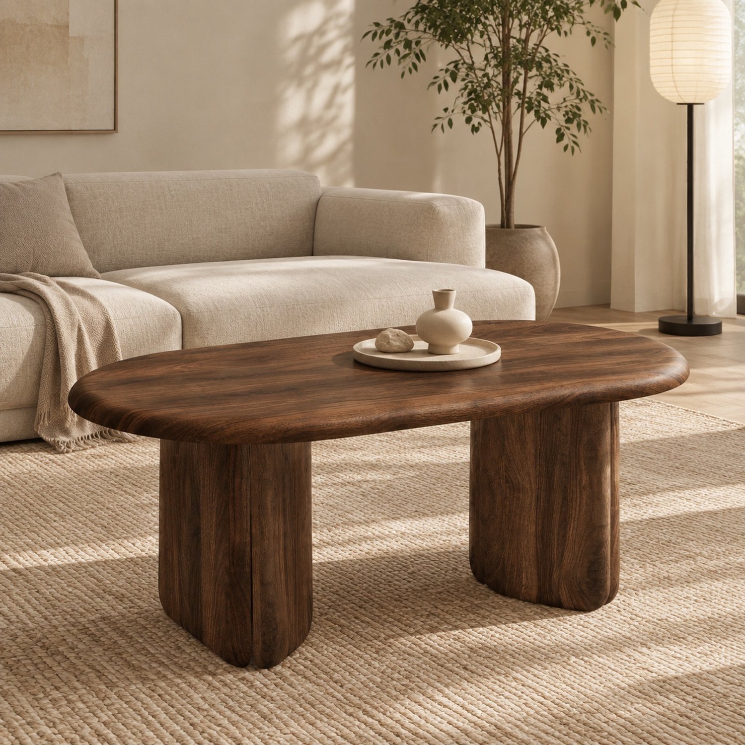 HAUSS SPOLE Salontafel - Ovaal Blad met Afgeronde Randen - Voor Woonkamer en Leeshoek - MDF in Walnootlook - 99x50x40 cm