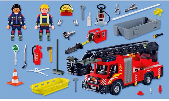 Overzicht van 110 Playmobil brandweeronderdelen inclusief een ladderwagen, twee figuren, gereedschap en accessoires.