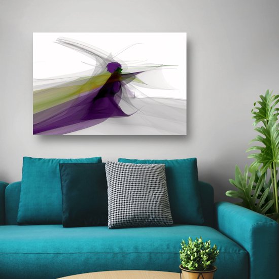 Abstract schilderij met paarse, groene en grijze lijnen die een figuur vormen, hangend boven een bank.