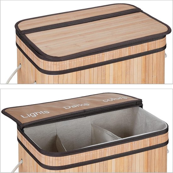 Panier à linge en Bamboe 3 compartiments - 30 L par compartiment - Couvercle et poignées - HBD 63 x 55 x 35 cm - Coloris naturel