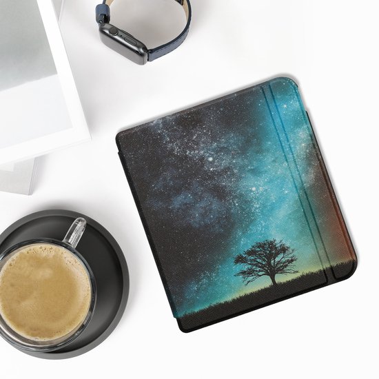 kwmobile e-reader hoesje geschikt voor Kobo Libra Colour hoes - E reader flip case met magnetische sluiting - Ereader cover - Sterrenstelsel en Boom design in blauw / grijs / zwart van Merkloos — afbeelding 3