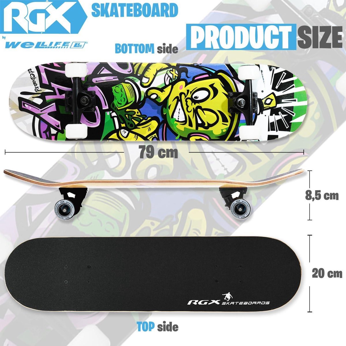 Skateboard WeLLIFE RGX – 79x20 Cm, 9 Couches érable, Concave Double Kick, Roues PU 54x36mm, ABEC-7, Charge 85 Kg