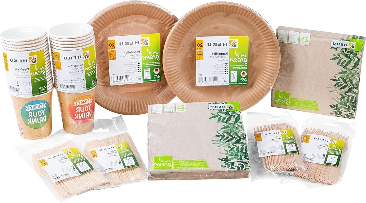 Bio-wegwerpset be Green HEKU 30011-02 210-delig met borden messen vorken servetten en kartonnen bekers