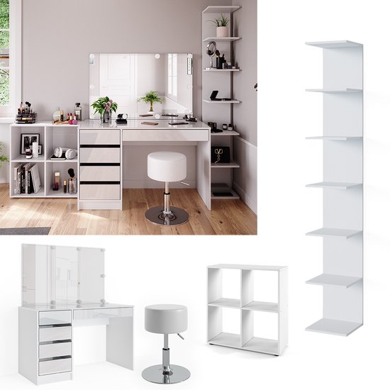 Ensemble de coiffeuse blanche, miroir, tiroirs, tabouret, étagère, étagère murale et une coiffeuse supplémentaire.