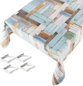 Buiten tafelkleed/tafelzeil houten planken print blauw 140 x 170 cm met 4 tafelkleedklemmen - Tuintafelkleed tafeldecoratie