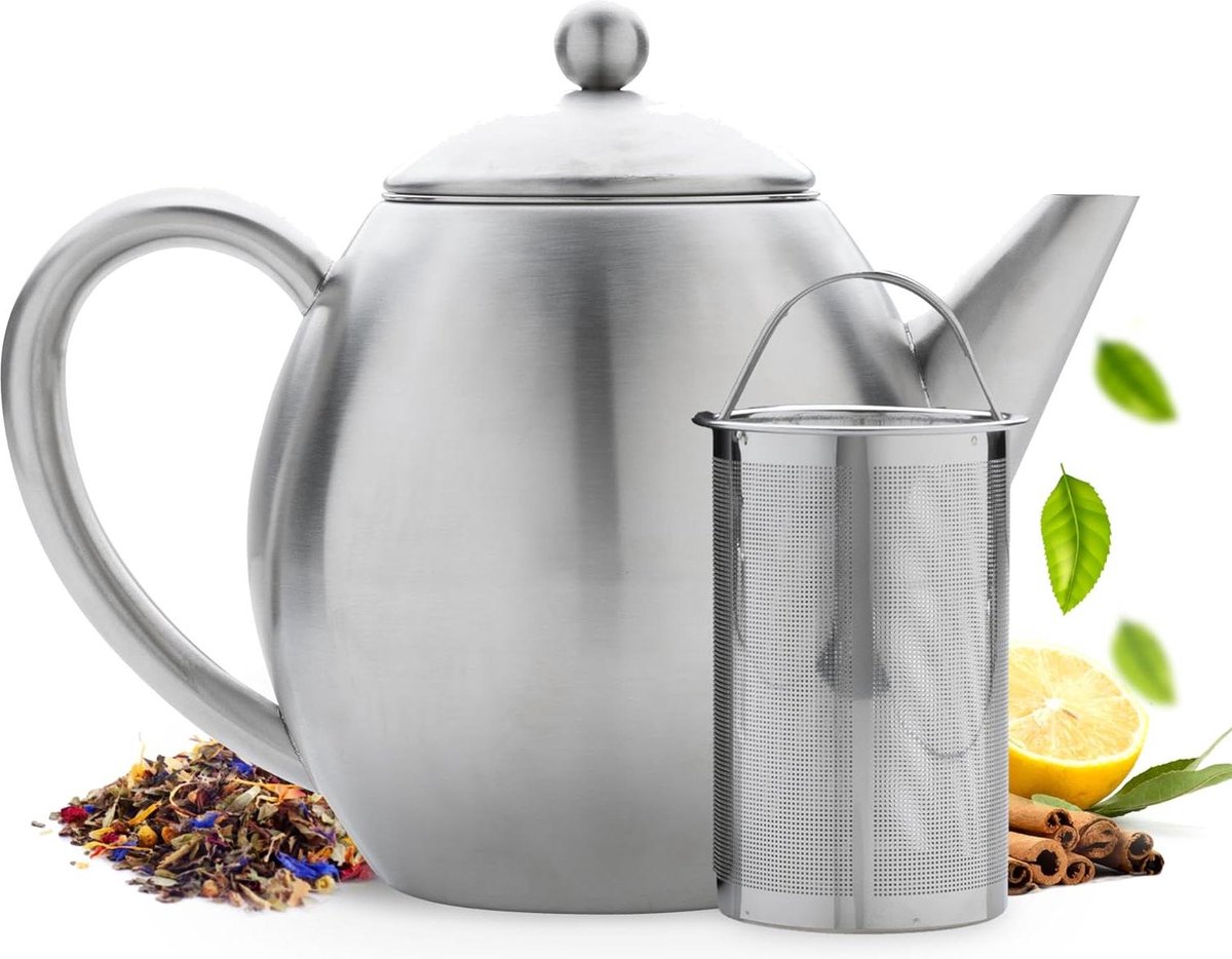 Roestvrij stalen theepot - mat roestvrij staal - dubbelwandig - 12 l - houdt warm - inclusief filter - design - functioneel.