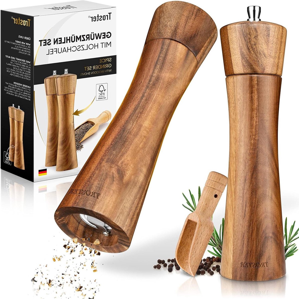 Kruidenmolens set hout 3-delige set keramisch maalwerk - kruidenschep - groot formaat - cadeau