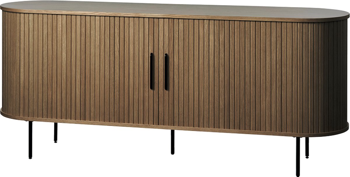 Olivine Lenn Dressoir Gerookt Eiken - Hout - met Schuifdeuren - Verstelbare Planken - Ovaal - Japandi - Opbergkast Donkerbruin - 180 x 45 x 76 cm