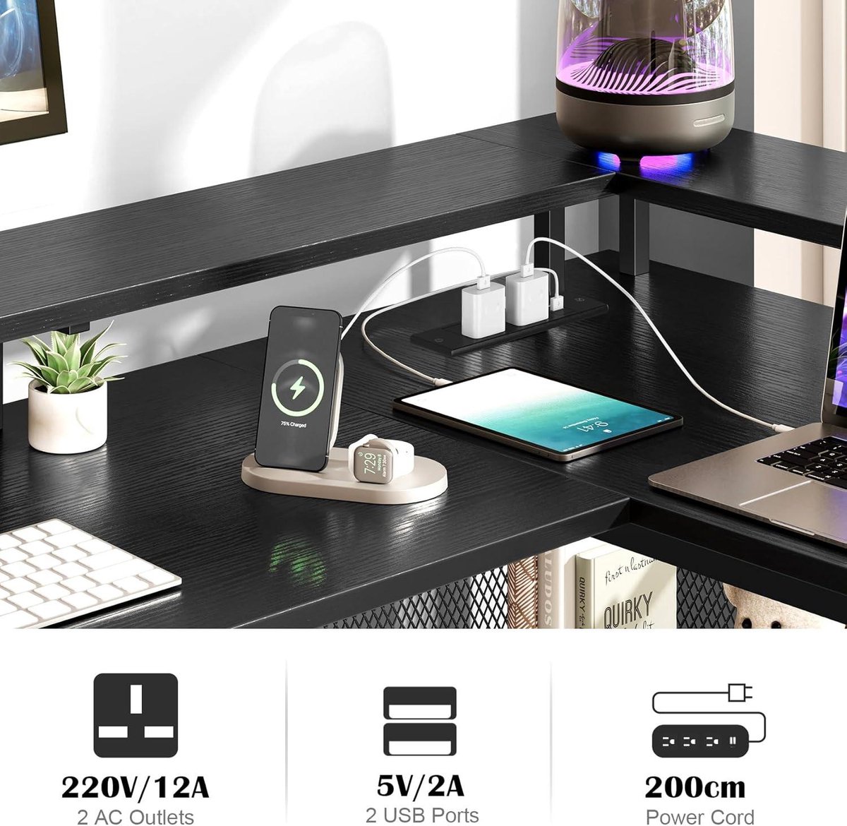 Rolanstar Computertafel L-vorm met stopcontact en ledstrip