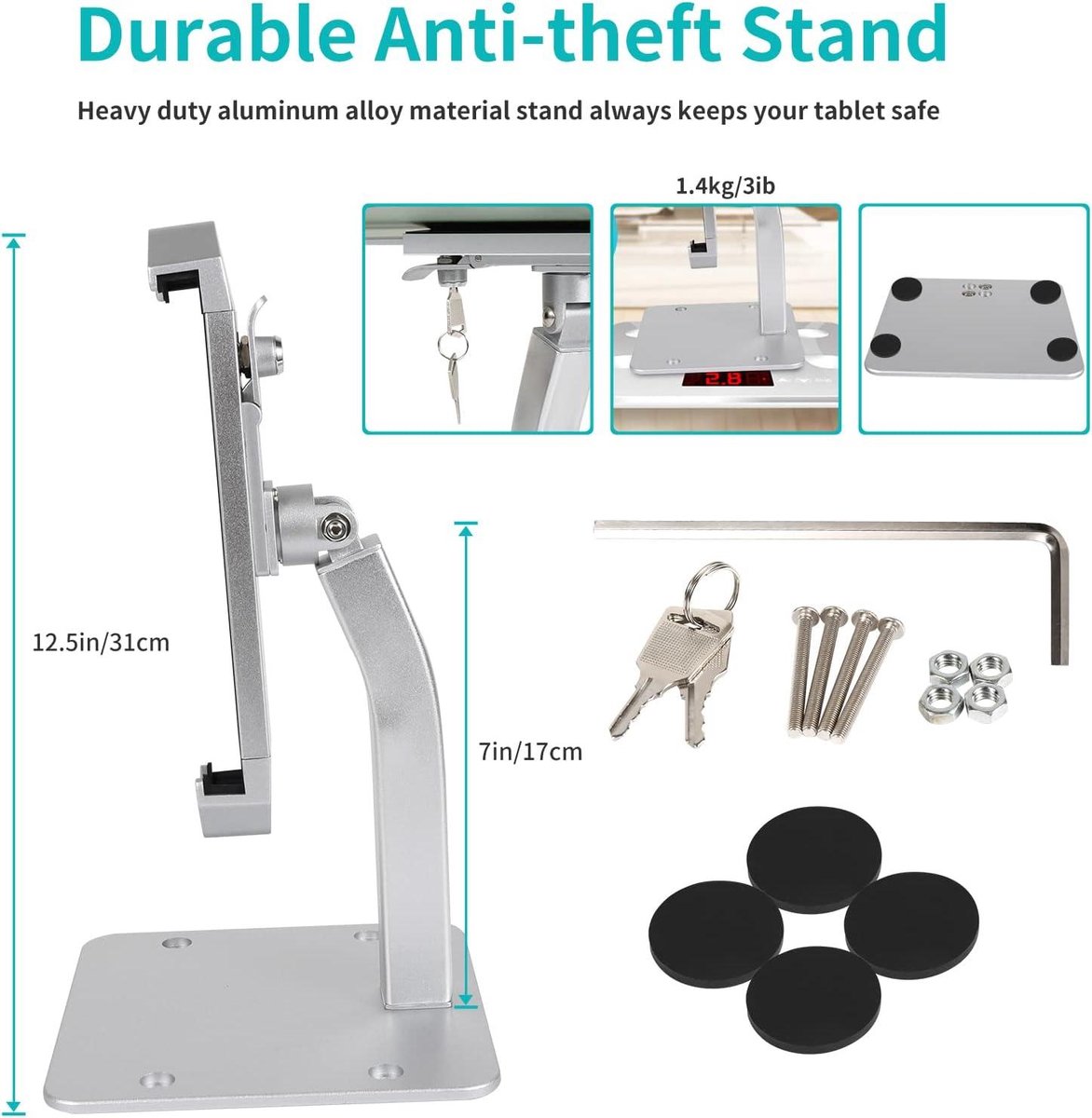 Woleyi beveiligingstafelstandaard voor desktop, tablethouder voor verkoophokje tegen diefstal, zwaar metalen tabletbeugel met vergrendeling voor iPad Pro 12.9/ Air, Surface, Galaxy Tabs (9-14 grote