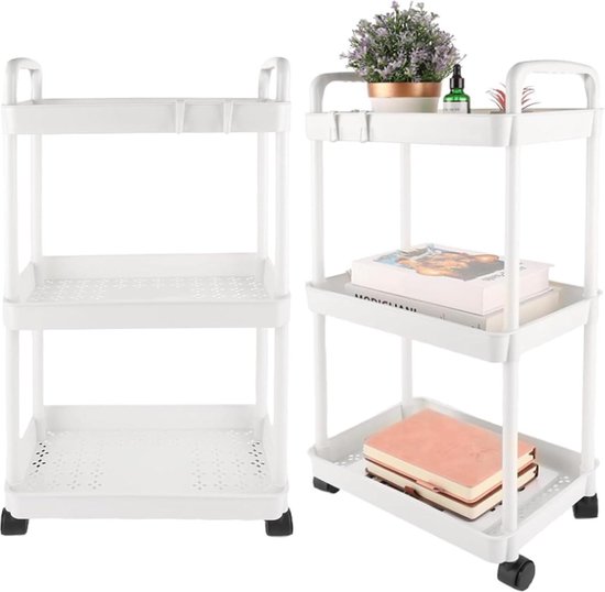BAKAJI Keukenwagen van hout, trolley ruimtebesparend, 3 vakken, 3 manden, frame met wielen, afmetingen 67 x 37 x 75 cm, kleur wit