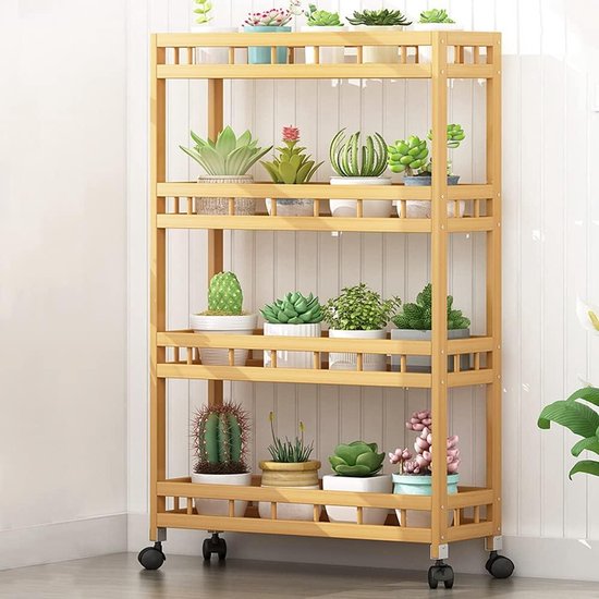 TIE-DailyNec Opbergwagen met 4 niveaus, keuken kar, Keukeneiland met 4 verdiepingen, Keukenwagen op Wielen, houten trolley, trolley, meerlaagse rolling utility cart (50 x 18 x 96 cm