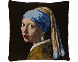 Pako borduurpakket wollen kruissteek kussen - Meisje met de Parel - geprint stramien - 160.804 - DIY kit -100% natuurlijke materialen