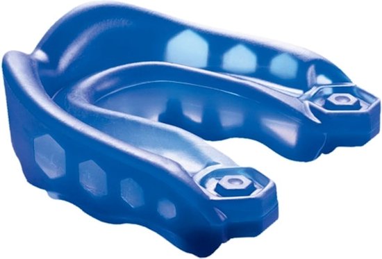 Blauwe, strakke gel-mondbeschermer met hexagonale patronen.