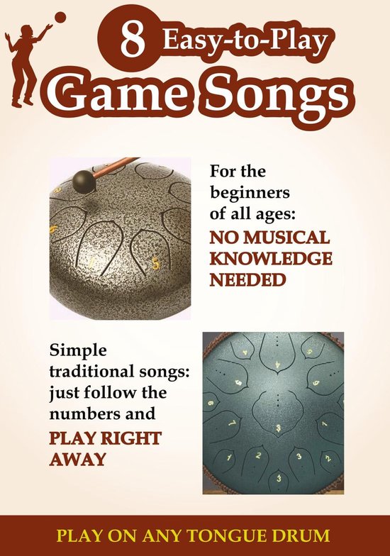 Tambourin noir avec chiffres dorés, livré avec une baguette. "8 Easy-to-Play Game Songs"
