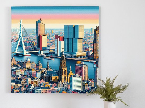 Acryl rotterdam schilderij | Rotterdamse skyline getransformeerd tot explosie van kleur en vormen | Kunst - 80x80 centimeter op Dibond | Foto op Dibond