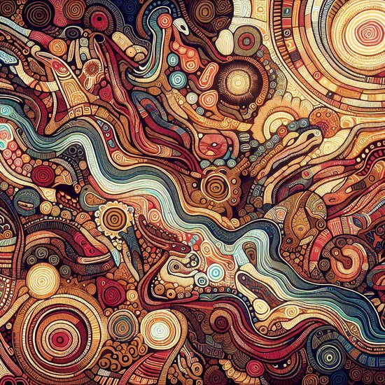 Line art aboriginal schilderij | Primal Pathways: A Journey Through Line and Aboriginal Art | Kunst - 100x100 centimeter op Dibond | Foto op Dibond
