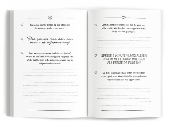Open bucketlist boek met opdrachten zoals 'Ga samen skinny dippen' en 'Doe samen mee aan een bier- of wijnproeverij'.