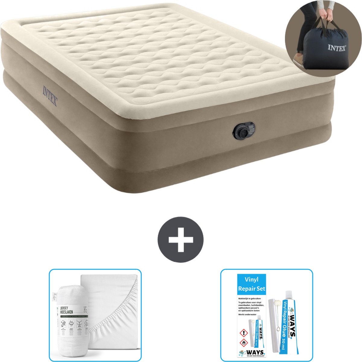 Intex Luchtbed - 2-Persoons - 152 x 203 x 46 cm - Beige - Met ingebouwde pomp Hoeslaken Wit en Reparatieset